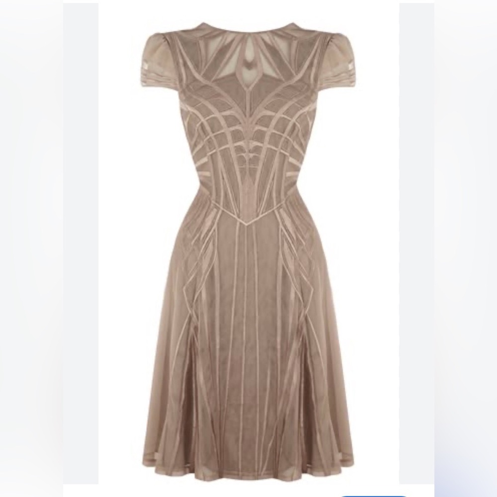 Karen Millen Embroidered Lace Vintage inspired MIDI dress w/ open back. Like New